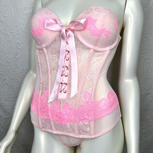 Victoria's Secret 34C 2012 Lace-Up Corset Bustier & V-String 2-pc Set NWT